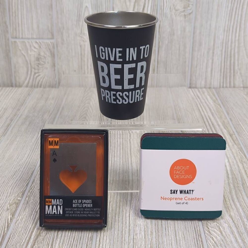 Men's Gift Bundle Aluminum Pint Tumbler Bottle Opener Coaster Set